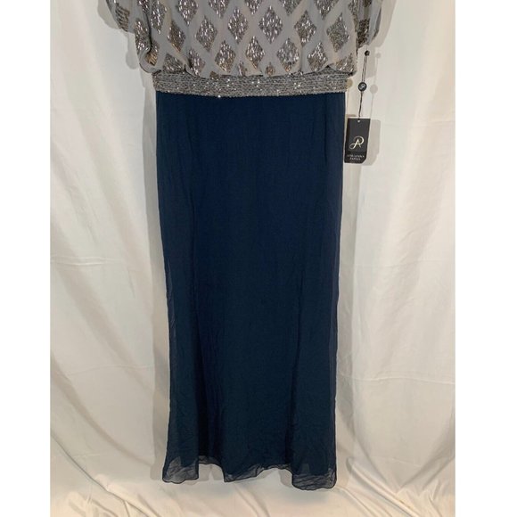 NWT Adrianna Papell Beaded Colorblock Blouson‎ Gown in Silver/Navy [SZ 10 ] - Picture 6 of 11